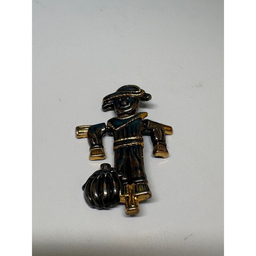 Vintage Best Scarecrow Pumpkin Brooch Pendant Two Tone Gold Gunmetal Fall Pin